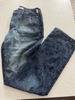 Versace Vintage Y2K  Couture Women's Dark Blue Paisley Straight-Leg Jeans